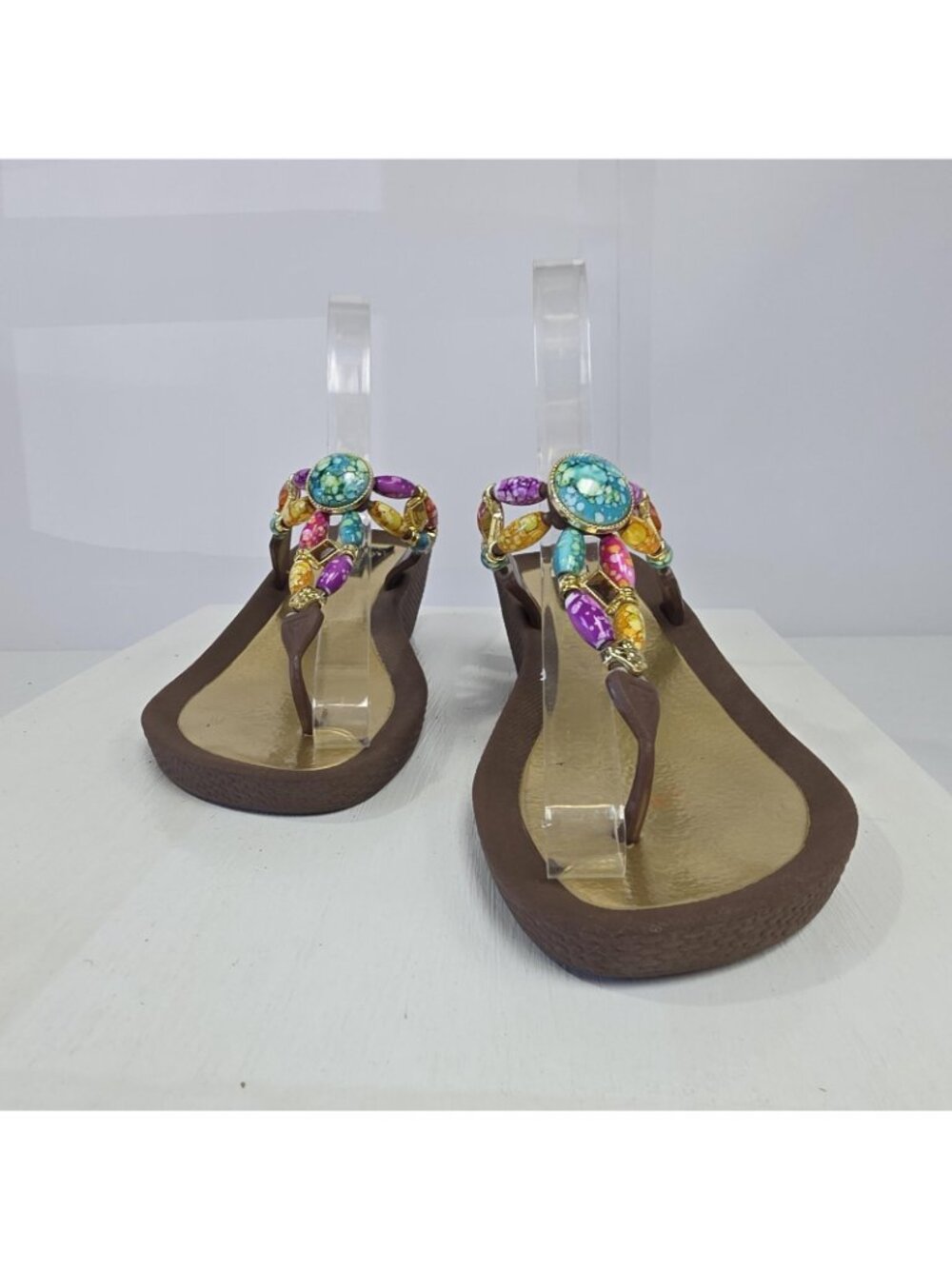 Grandco Sandals Womens Size 8 Multicolor Beaded Jeweled Wedge Thong Shoes - Picture 3 of 11